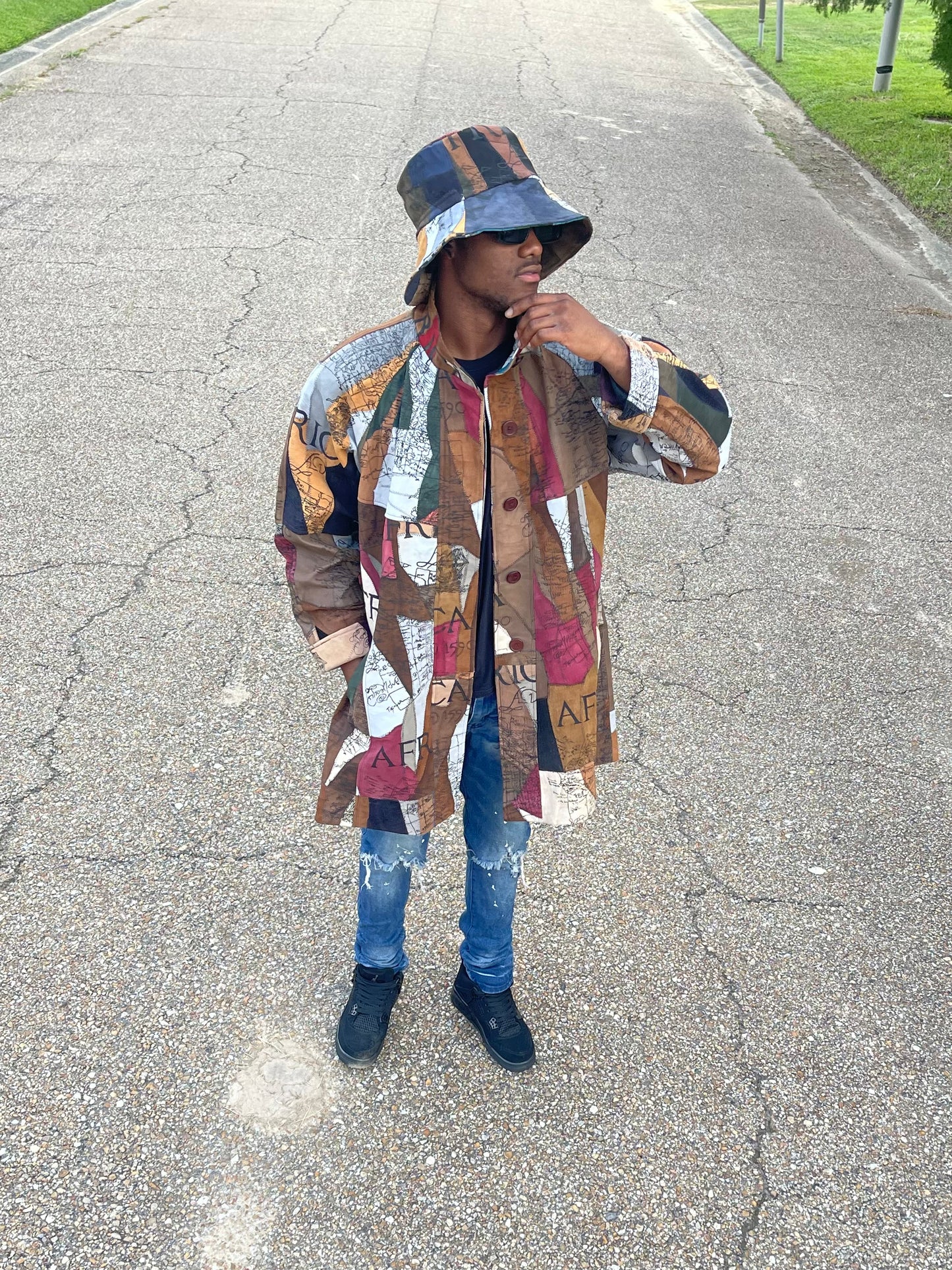 African Map Suede Leather Coat