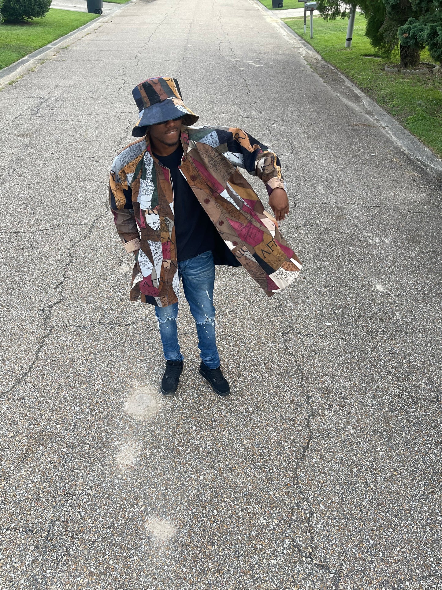 African Map Suede Leather Coat