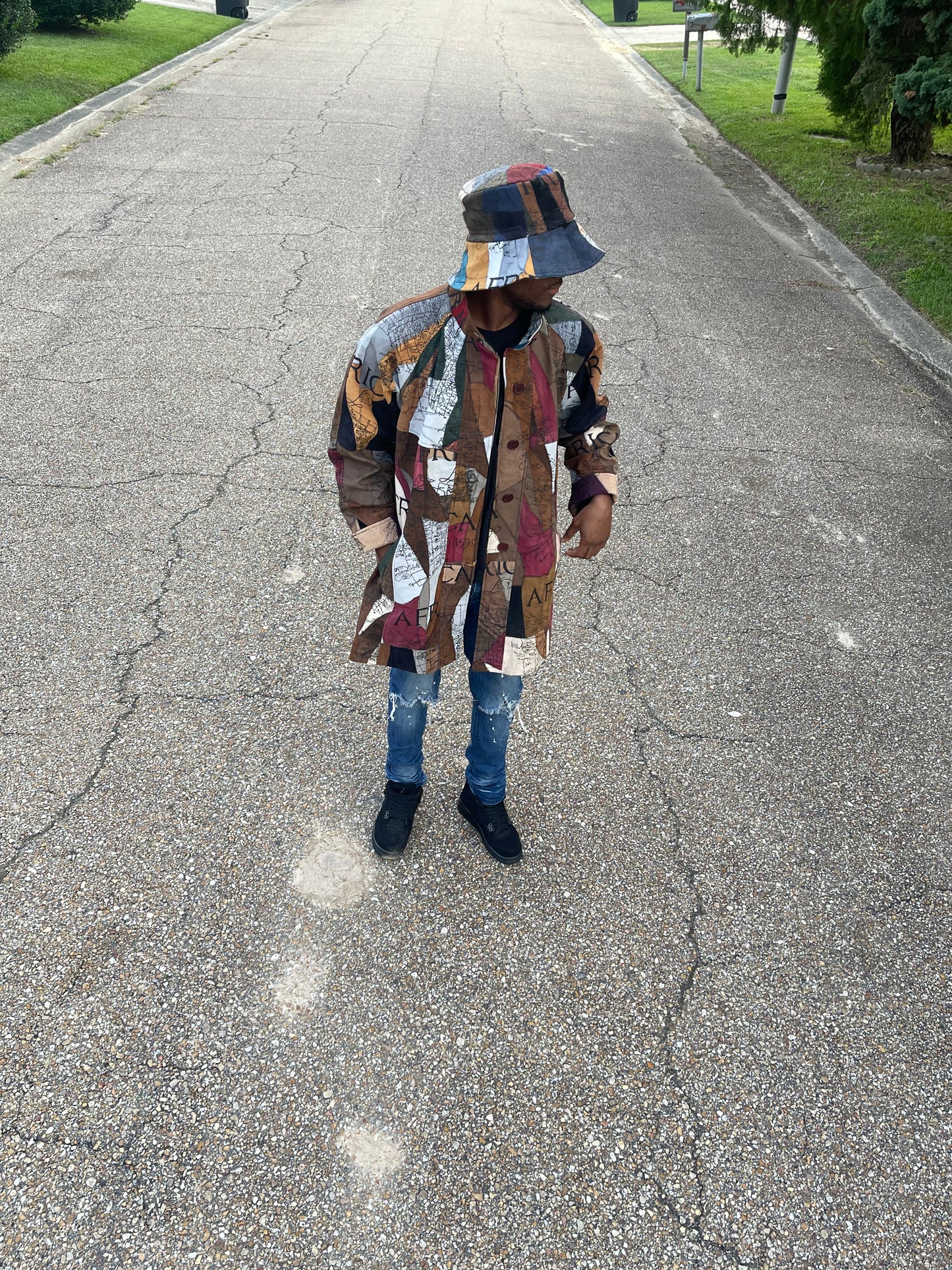 African Map Suede Leather Coat