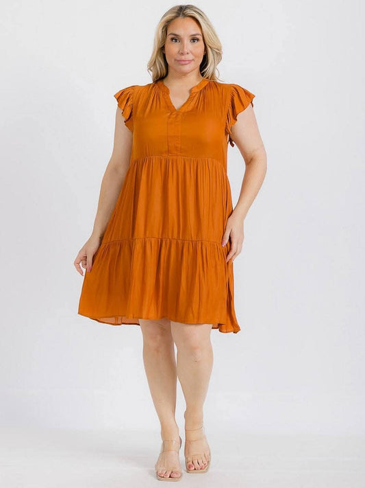 Camel Plus Size Ruffle Sleeve Tunic Mini Dress